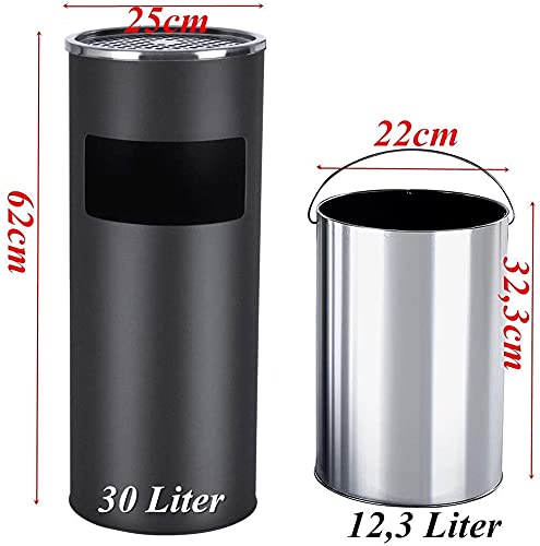 30L Stand Mülleimer Metall mit Inneneimer Draussen Abfalleimer aus Edelstahl Ø25×60 cm (Schwarz)