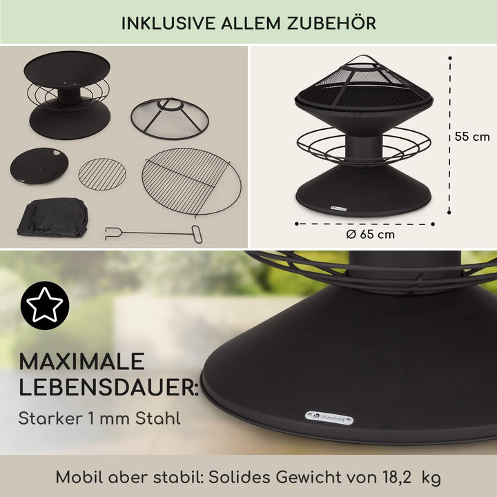 Blumfeldt Feuerschale, Wetterfeste Feuerschale mit Grillrost & Funkenschutz, Stahl-Feuerschalen Klei