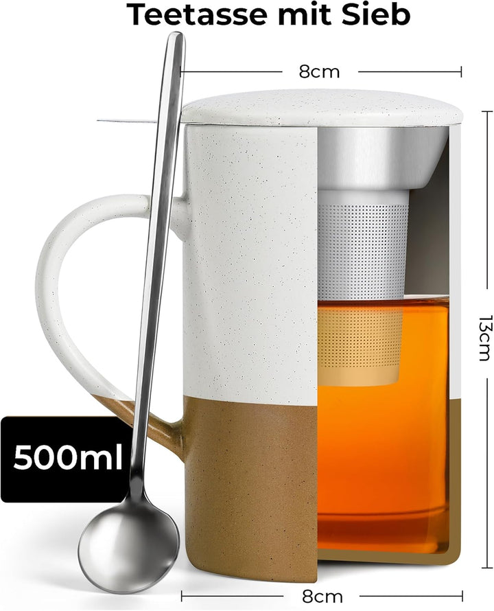 MIAMIO - Tee Tassen Set 2 x 500 ml mit Deckel und Sieb/Keramik Tee Becher mit Teeei und Löffel für d