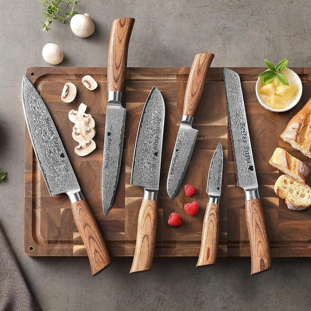 Wakoli EDIB Pro Damastmesser Set mit Gravur – Personalisiertes 6er Messerset, 20cm, 17cm, 16cm, 11cm