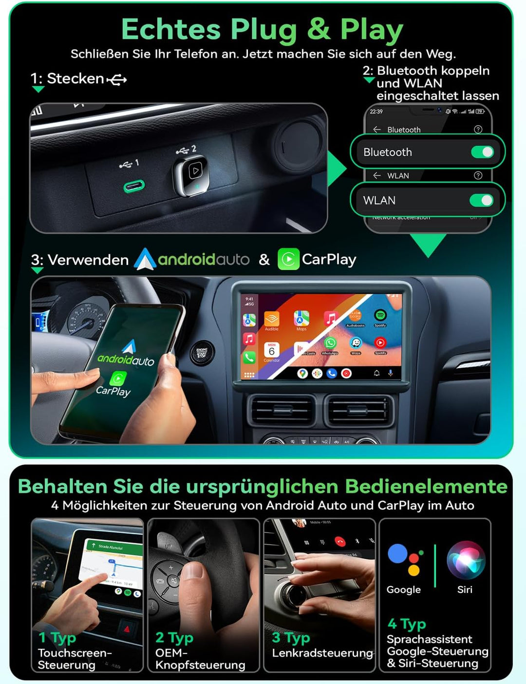 Wireless Carplay & Android Auto Adapter, Mavlou Metalldesign Mini & Stabiler 2-in-1-Dongle, Convert
