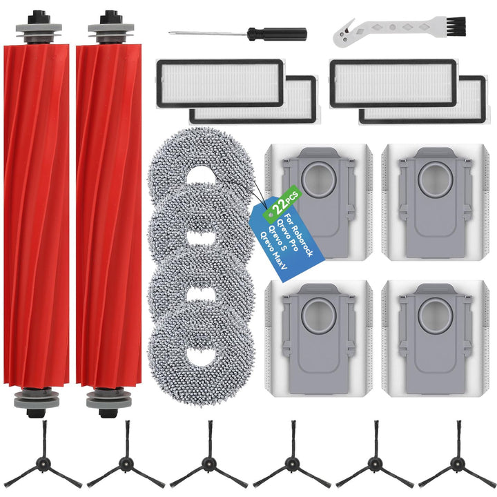 22 Stück Zubehör für Roborock Qrevo S/Qrevo MaxV/Qrevo Pro Saugroboter,2 Hauptbürsten, 4 Staubbeutel