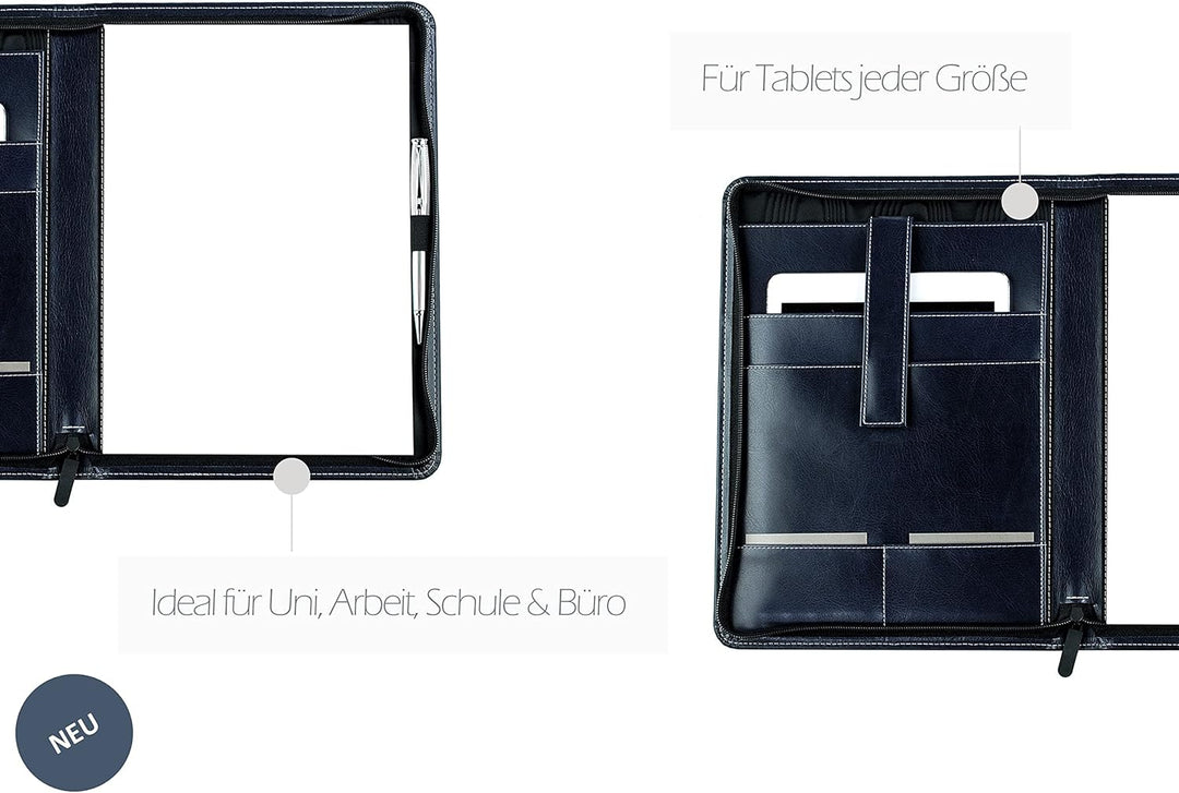 DELMON VARONE - Tablet Schreibmappe mit Reissverschluss inkl. Notizblock DIN A4 aus veganem Eco Kuns