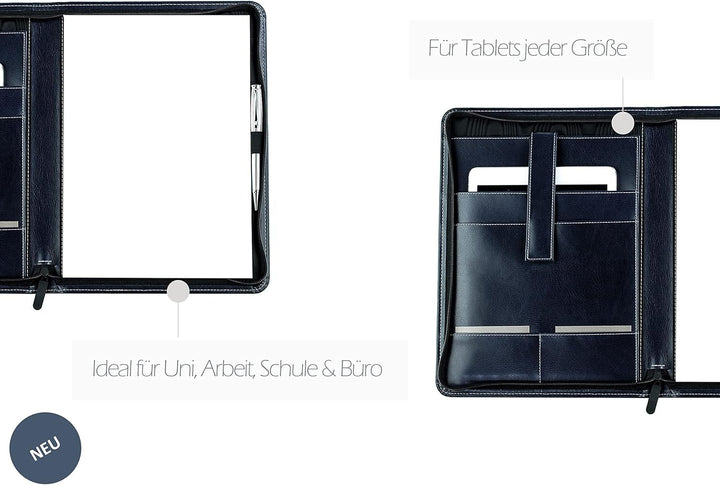 DELMON VARONE - Tablet Schreibmappe mit Reissverschluss inkl. Notizblock DIN A4 aus veganem Eco Kuns