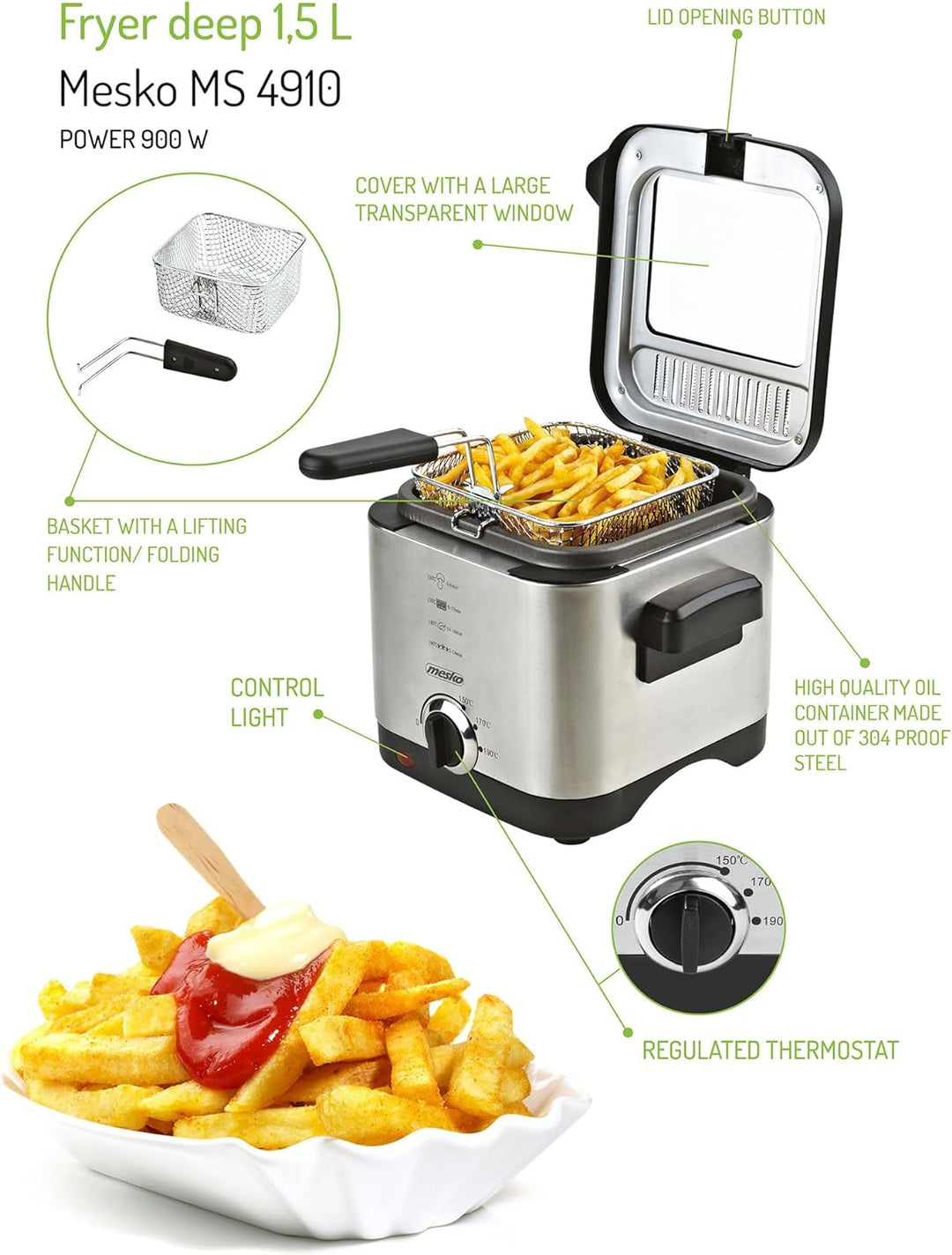Adler MS 4910 Fritteuse, 900, Metall, Silber