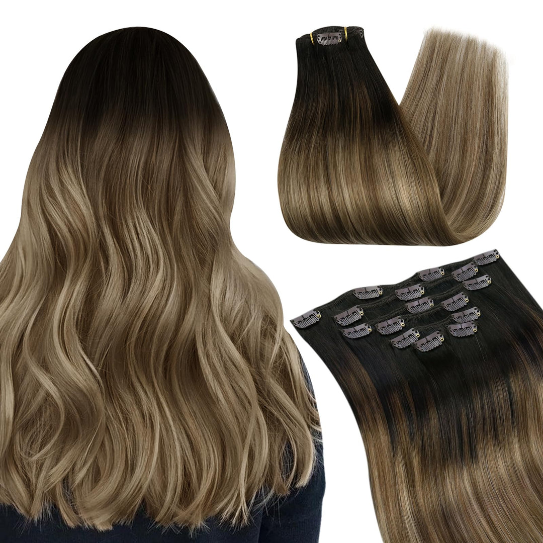 Ugeat Clip in Extensions Echthaar Balayage Braun Glatt Clip in Haarverlängerung Mittelbraun Balayage