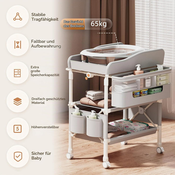 Tragbarkeit Klappbarer Wickeltisch, Multifunktionaler Baby Wickelkommode mit Schubladen, Höhenverste