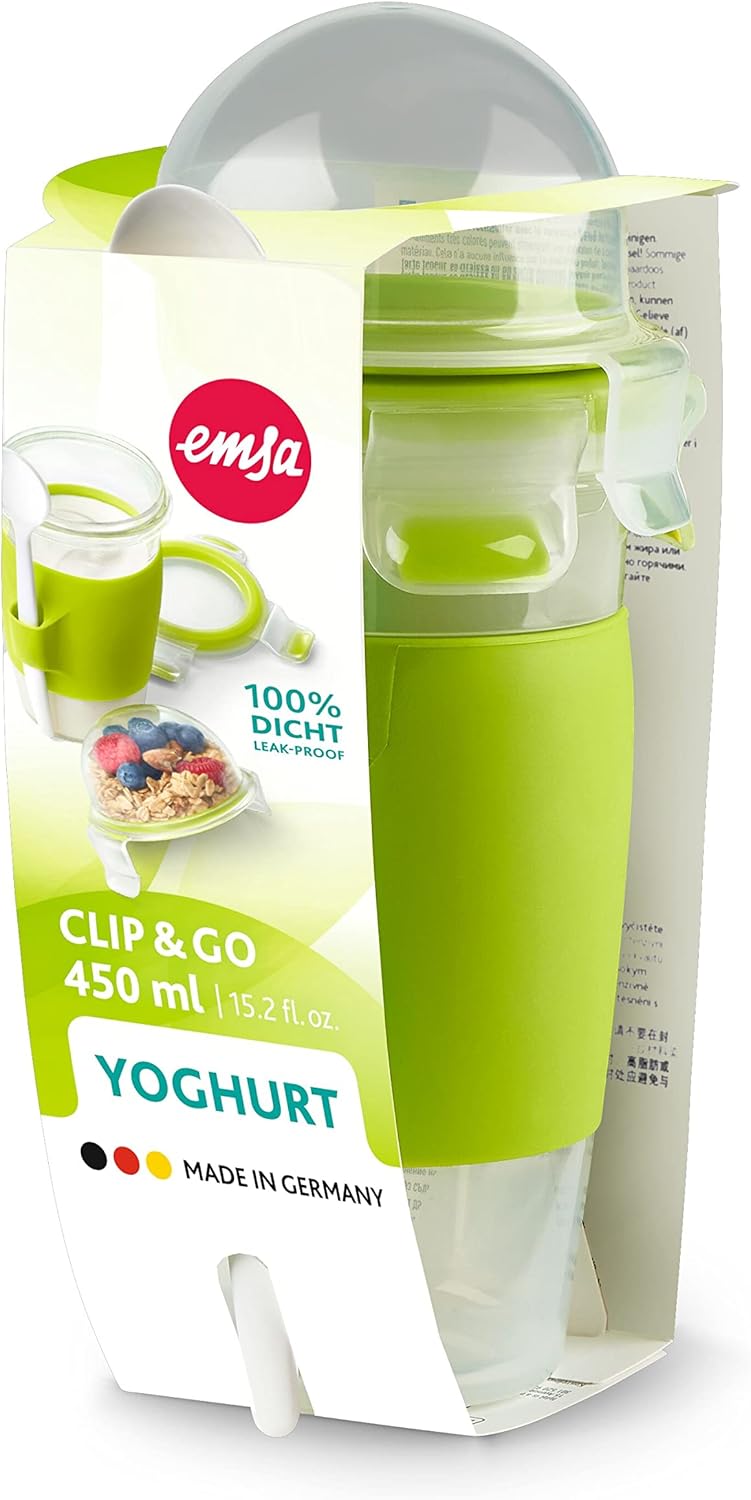 EMSA Clip & Go Yoghurtbecher, 0,45 L, rund, inklusive Löffel und Topping-Fach, 100 Prozent dicht, mi