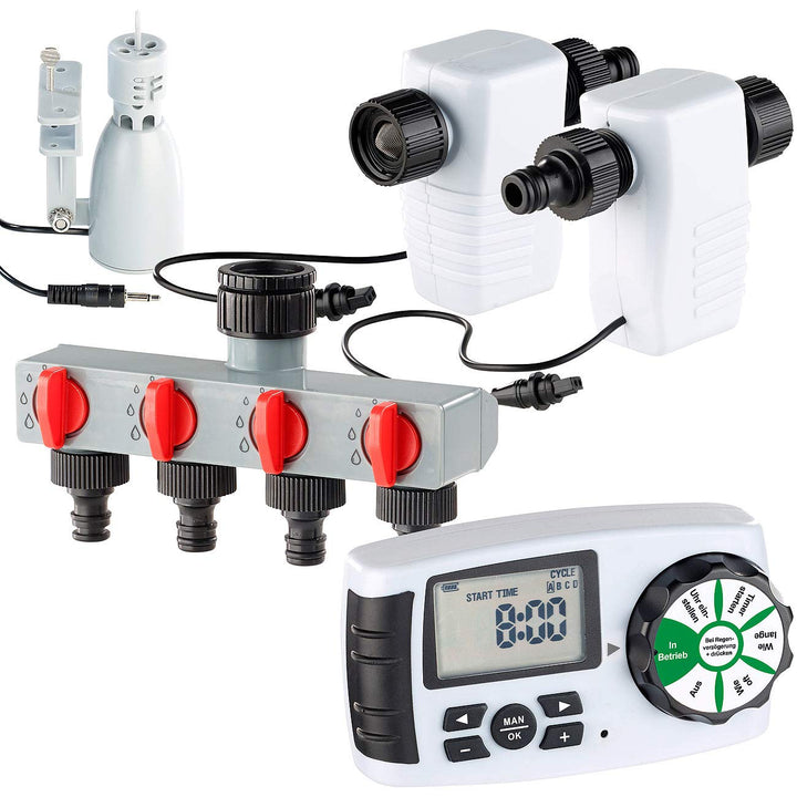 Royal Gardineer Magnetventil: Bewässerungscomputer mit 4-Wege-Verteiler, Regensensor & Magnet-Ventil