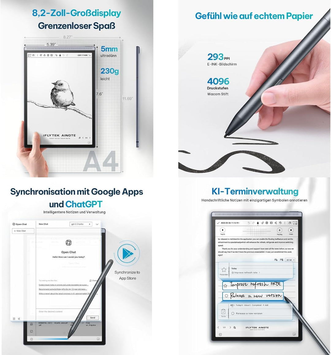 iFLYTEK AINOTE Air 2 E-Ink-Tablet, 8.2 Zoll (20,8 cm) Notiz- und E-Paper-Tablet, Supernote-Schreibta
