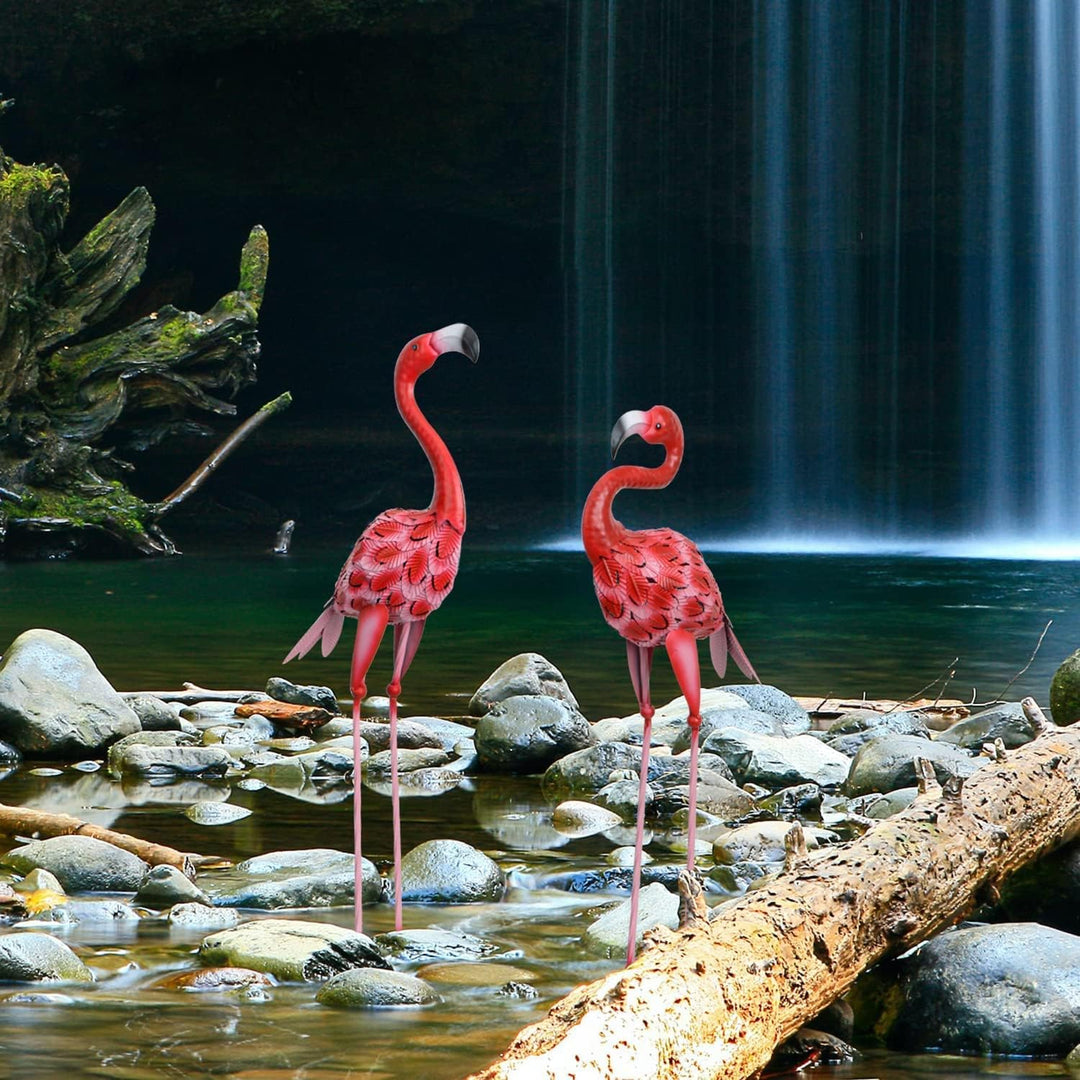 AOFOX Flamingo-Gartenstatuen und Skulpturen, 2 Stück Metall, grosse rote Flamingo-Vogelgarten-Kunst-