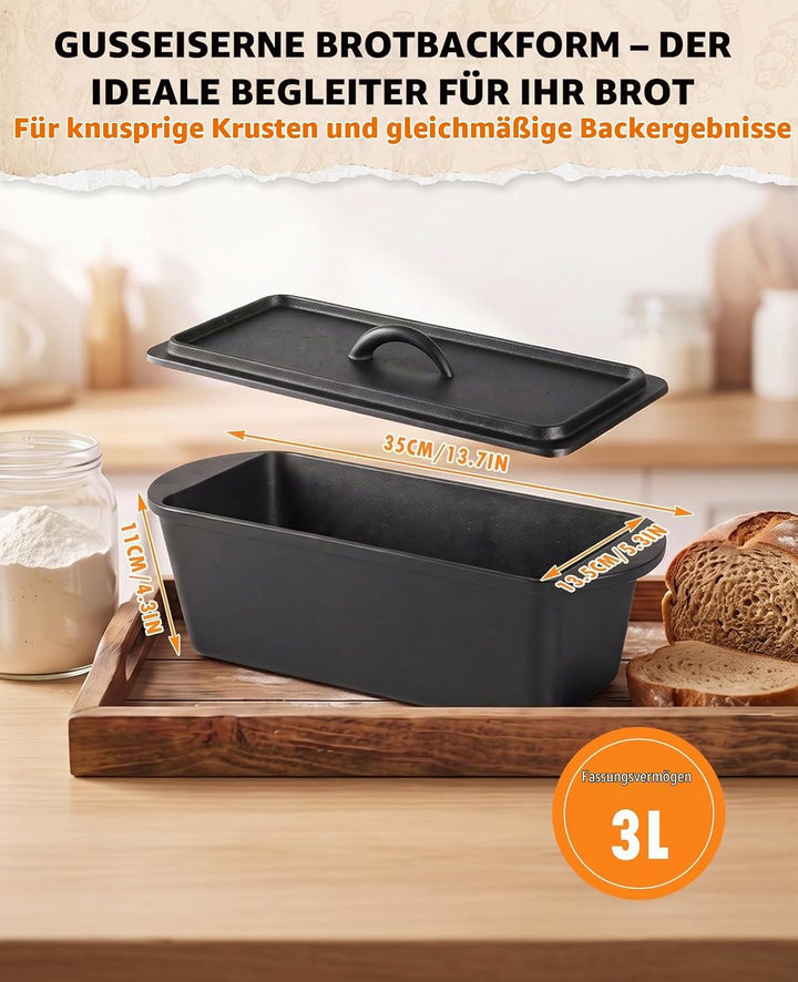 Gusseiserne Brotbackform mit Deckel – Längliche Backform für knusprige Kruste &amp; saftige Krume – Anti