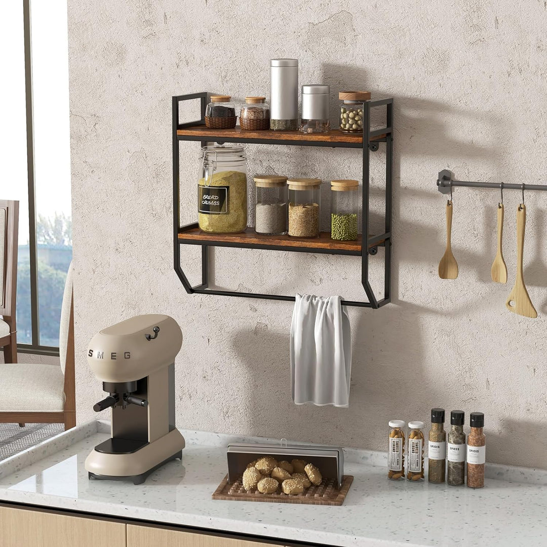 COSTWAY Wandregal, Bücherregal Wand, Schweberegal Holz mit Metallrahmen, 2Ebenen Regal Wand ideal fü