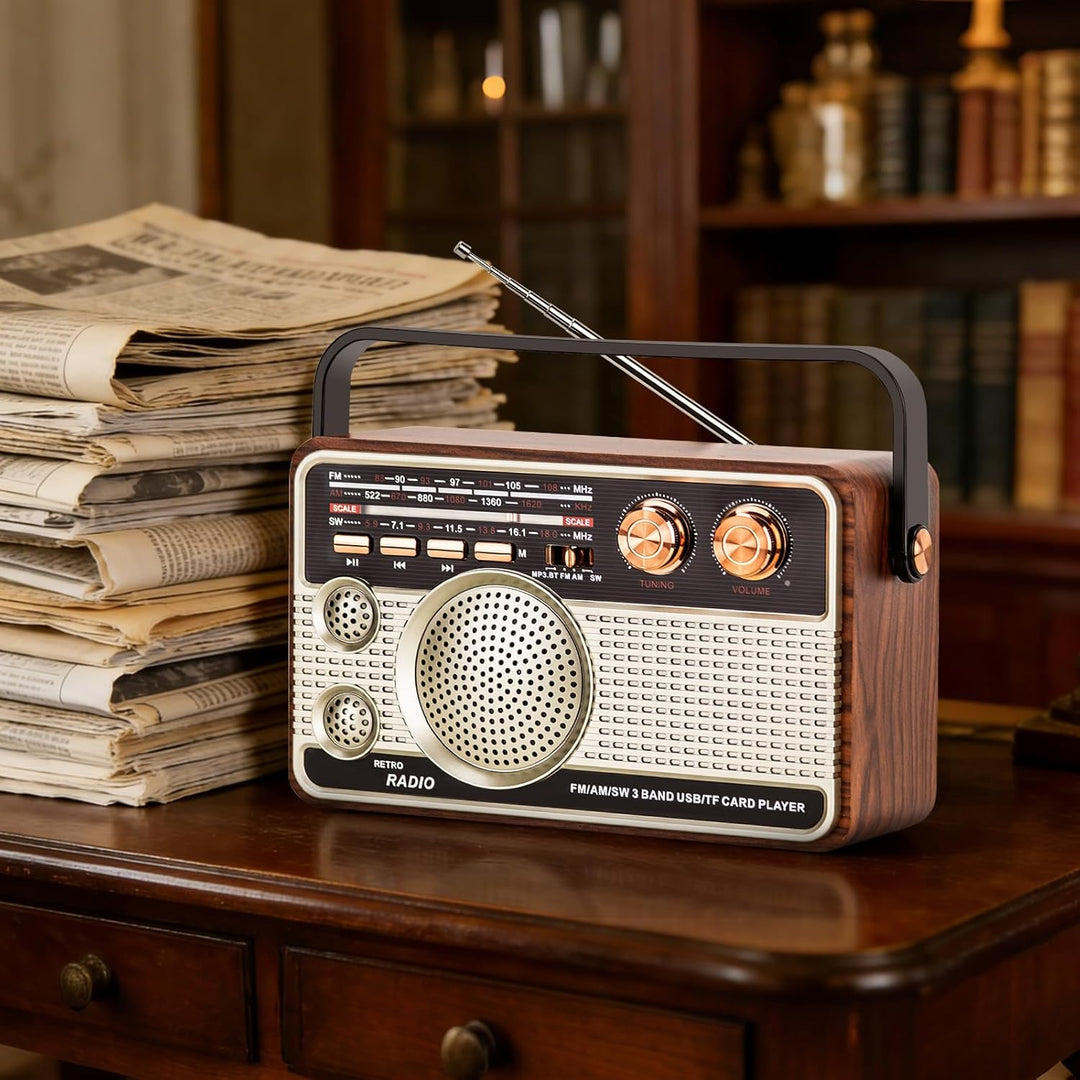 Retro Radio Vintage Holz-Handradio, wiederaufladbares Multiband (FM/AM/SW) mit Super Heavy Bass, Tra