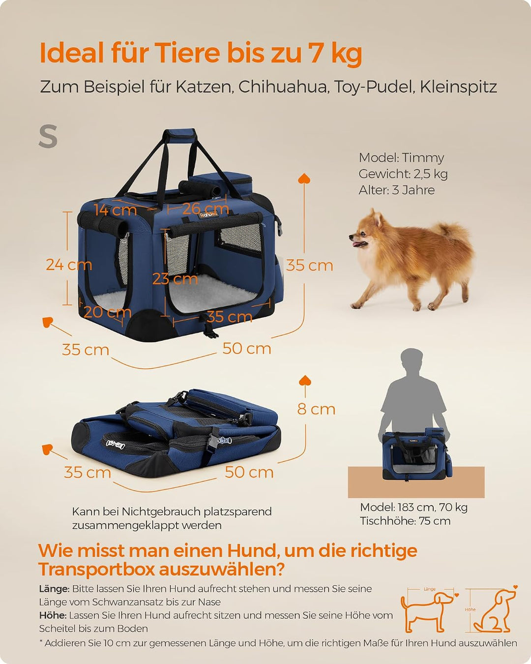 Feandrea Hundebox faltbar, Transportbox Hund, S, Hundetasche, Oxford-Gewebe, Netzstoff, atmungsaktiv