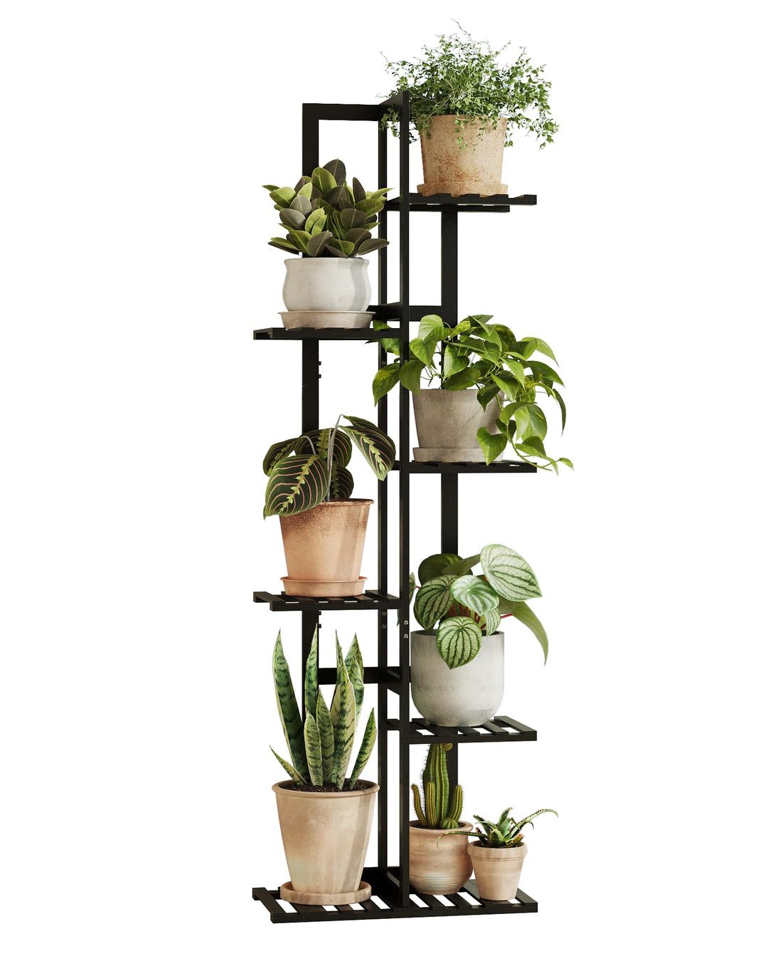 Bamworld Pflanzenregal 6 Ebenen Blumenständer Innen Schwarz aus Bambus, Grosses Blumentopf Ständer E