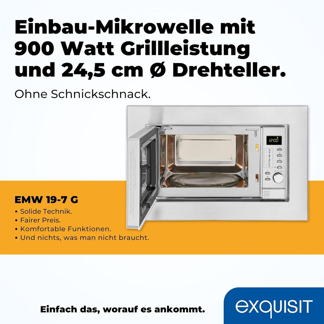 Exquisit Einbau-Mikrowelle EMW 19-7 G 900 Watt Grill 5 Leistungsstufen, Silber