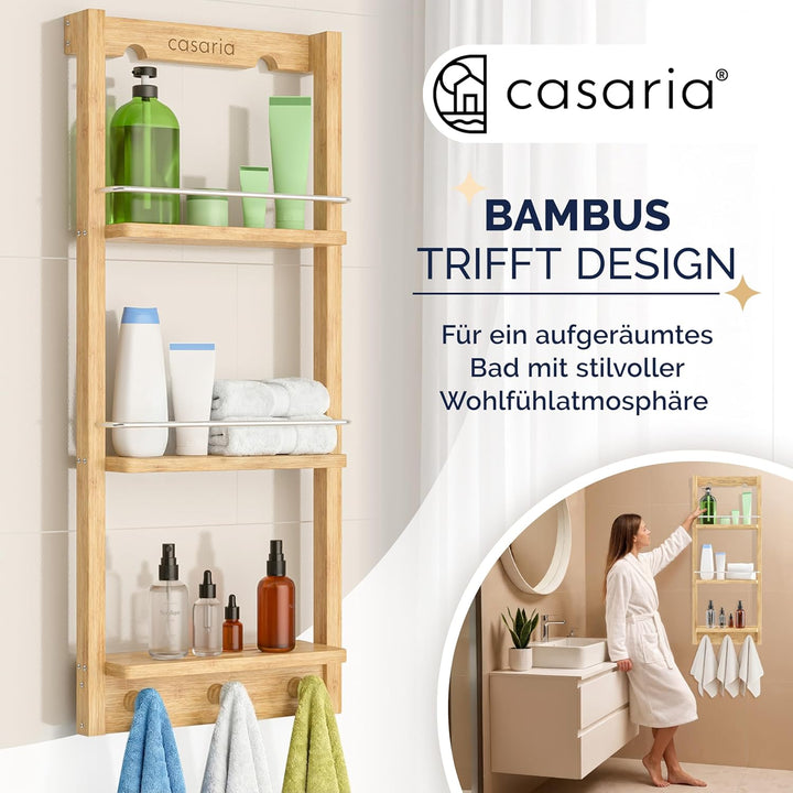 Casaria® Duschregal Zum Hängen 3 Ablagen 3 Haken 70x29x10cm Duschablage Hängend Badregal Bambus Holz