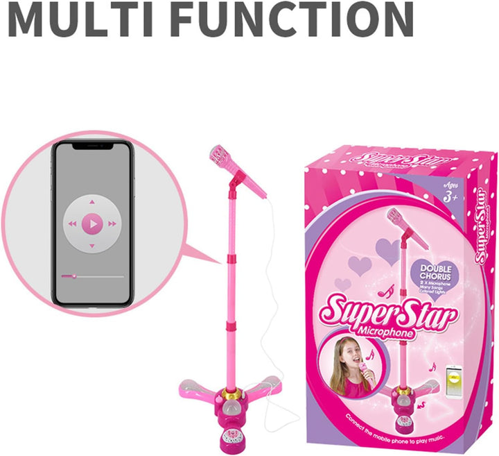 Kindermikrofon mit verstellbarem Ständer, rosa Karaoke-Maschine mit LED-Lichtern, Musikmikrofon zum