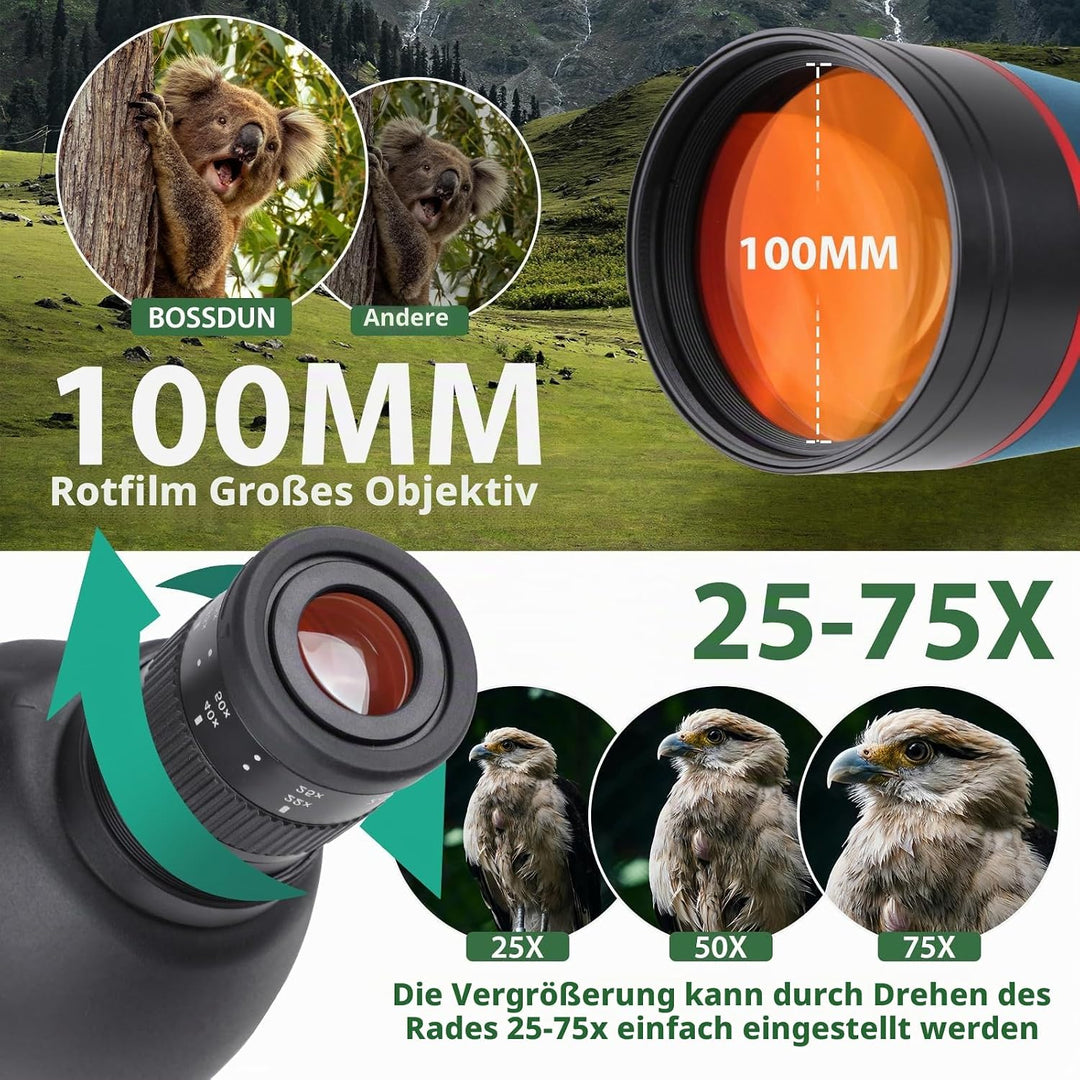 25-75x100 HD Spektiv Sportschützen mit Stativ- und Smartphone-Adapter, Zoom Bak4 Prism FMC Lens 45-G