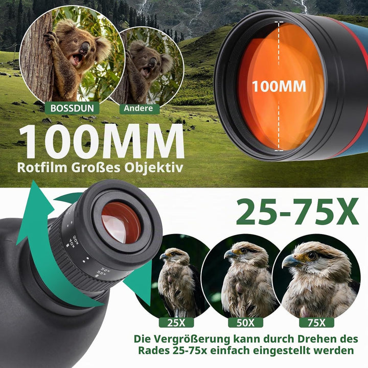 25-75x100 HD Spektiv Sportschützen mit Stativ- und Smartphone-Adapter, Zoom Bak4 Prism FMC Lens 45-G