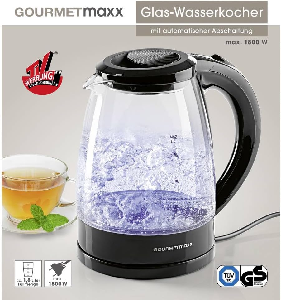 GOURMETmaxx Glas-Wasserkocher 1,8 L mit Blue Vision LED, Schwarz, 1800 W, Kalkfilter, kabellos, auto