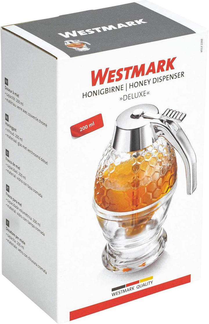 Westmark Honigbirne/Honig-Dosierer mit Untersatz, Fassungsvermögen: 200 ml, Wabenmuster, Glas/Kunsts