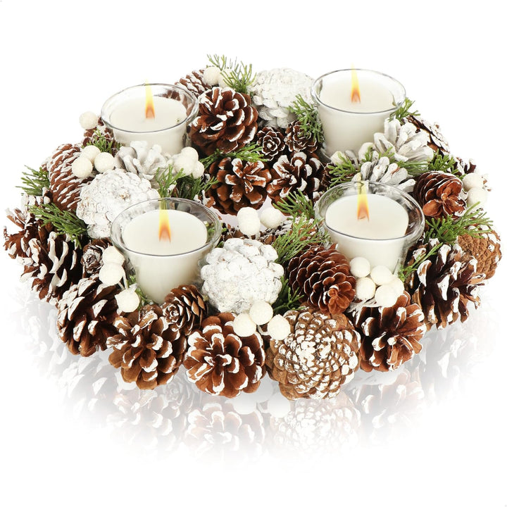COM-FOUR® Tischkranz für Weihnachten - weisser Adventskranz mit Zapfen - Dekokranz mit 4 Teelichthal