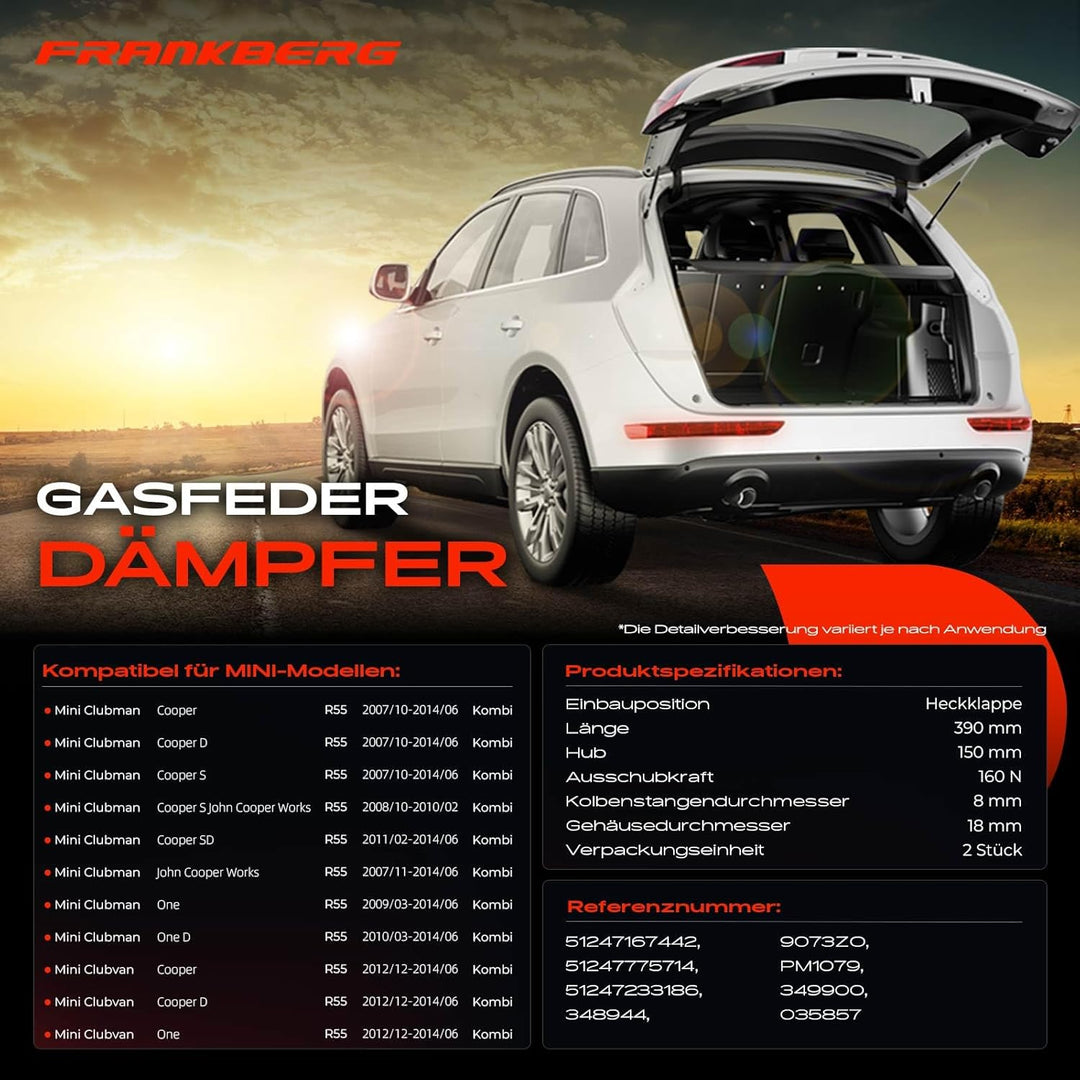 Frankberg 2x Gasfeder Dämpfer Heckklappe Kompatibel mit M.i.n.i Clubman R55 One/One D Cooper/Cooper