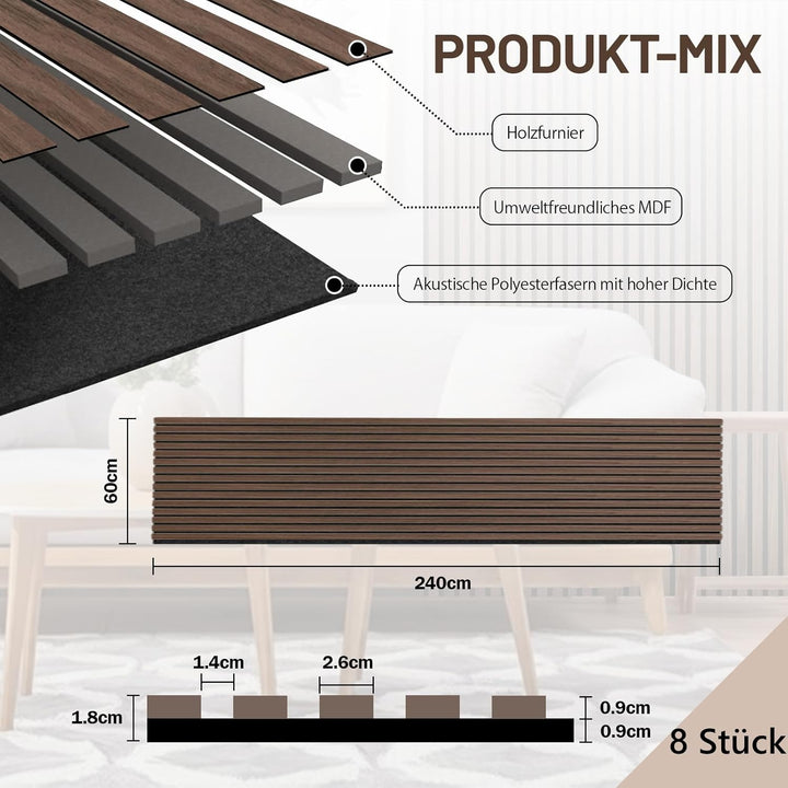 AKK-STAVE Akustikpaneele Holz 240x60 cm (8er-Set 11,52 m²) - Akustik Paneele & Holzpaneele Wand | Ho