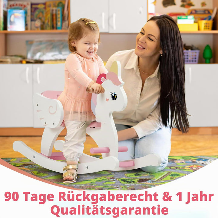 FUNLIO Einhorn Schaukelpferd Holz für 0,5-3 Jahre, Niedliches Schaukelpferd Baby mit Sicherheitsgurt
