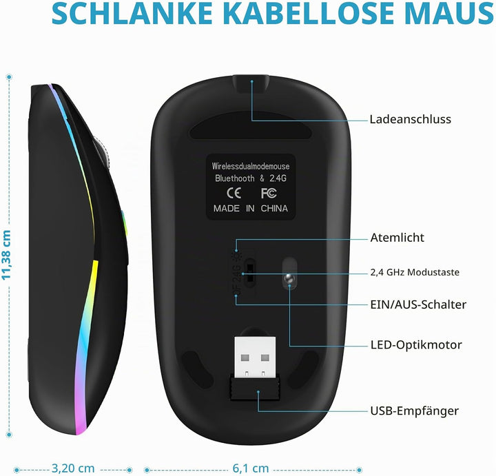 Maus Kabellos 2.4G USB Funkmaus 3DPI Wiederaufladbare Laptop mit USB-Empfänger 7 Typen LED Beleuchte