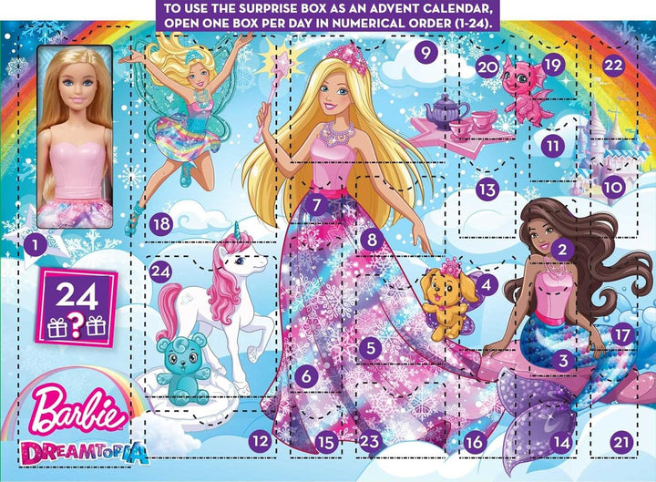 Barbie Dreamtopia Adventskalender Barbie-Puppe und 24 Geschenke einschliesslich märchenhafte Moden,