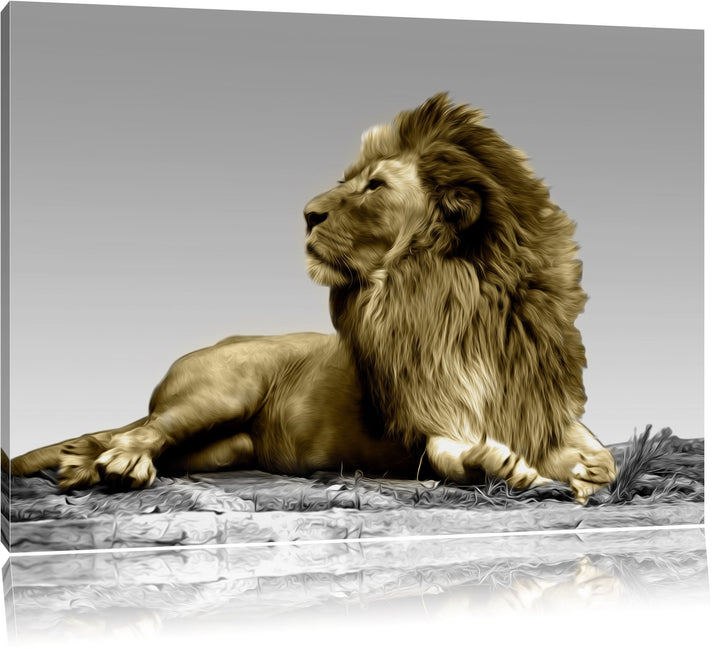 majestätischer Löwe auf Fels schwarz/weiss Format: 100x70 auf Leinwand, XXL riesige Bilder fertig ge