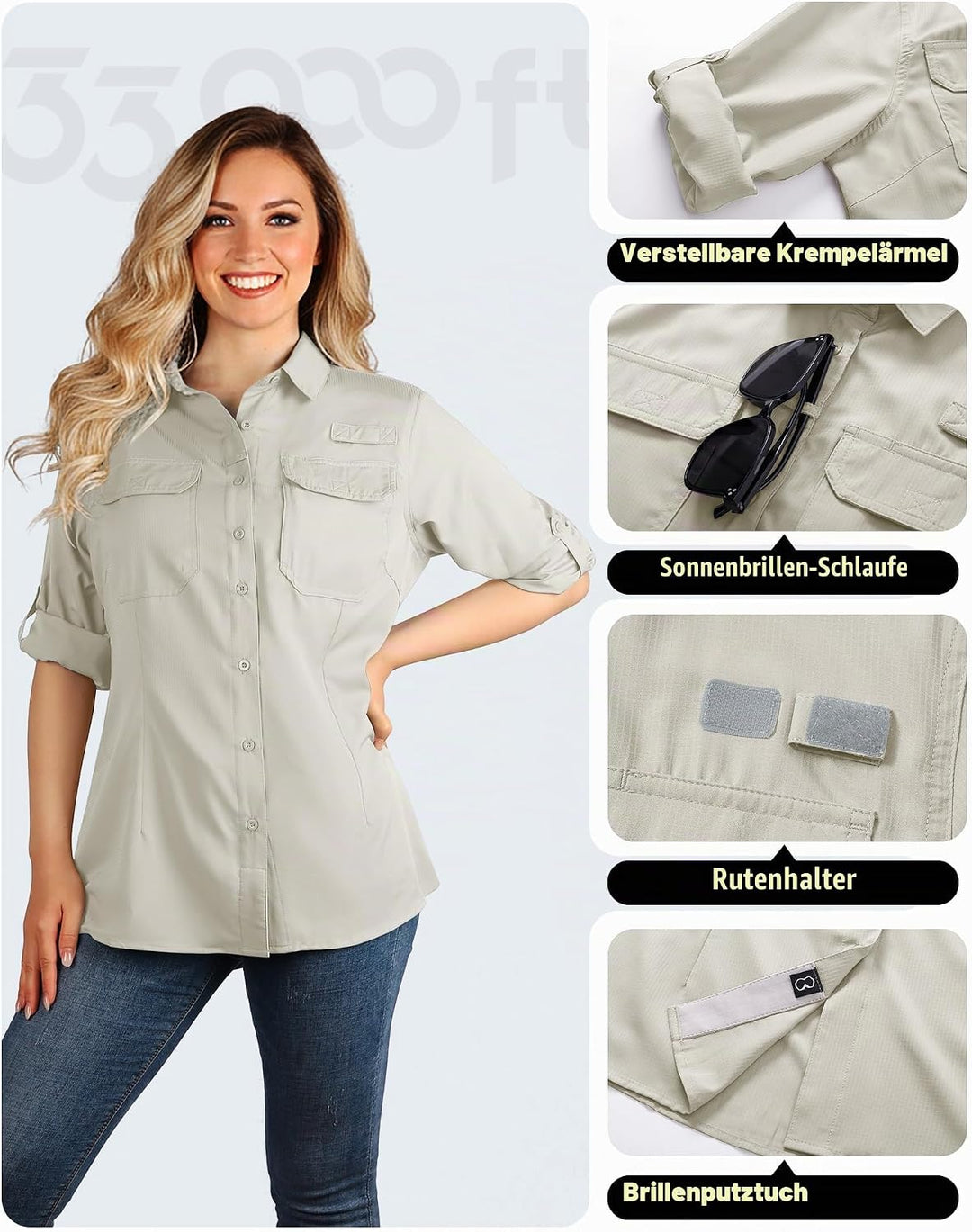 33,000ft Hemdbluse Damen UPF50 UV Schutz Hemd Schnelltrocknende Button-Down Shirts Atmungsaktive Wan