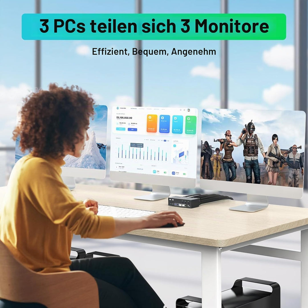 KVM Switch 3 PC 3 Monitore 8K@60Hz 4K@144Hz，MLEEDA HDMI+2 Displayport KVM Switch Triple Monitor für