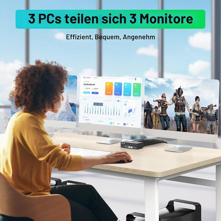 KVM Switch 3 PC 3 Monitore 8K@60Hz 4K@144Hz，MLEEDA HDMI+2 Displayport KVM Switch Triple Monitor für