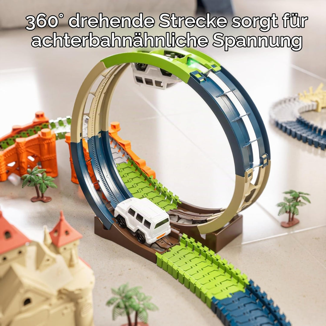 TUMAMA Rennstrecken Spielen Fahrzeuge Spielzeug Set, Flexible Track Rennbahn mit 360 Loop und Auto T