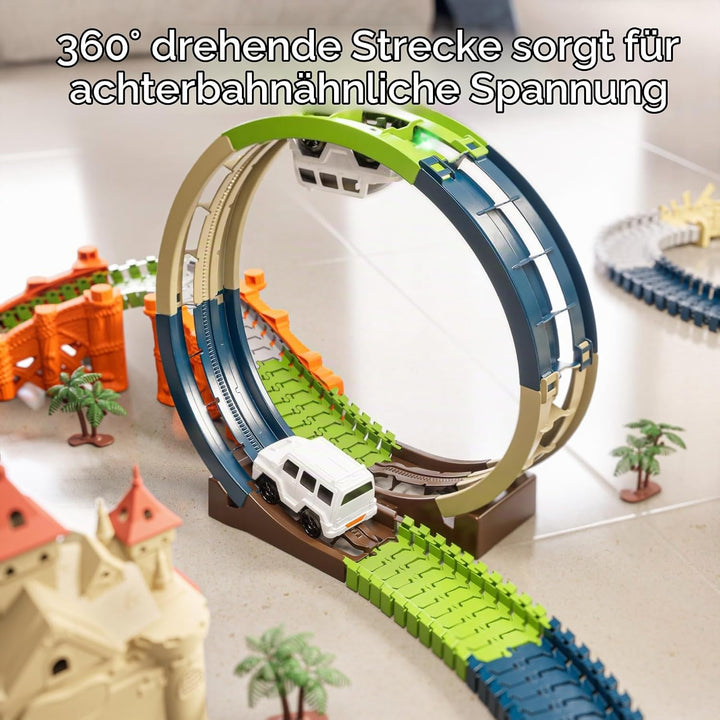 TUMAMA Rennstrecken Spielen Fahrzeuge Spielzeug Set, Flexible Track Rennbahn mit 360 Loop und Auto T