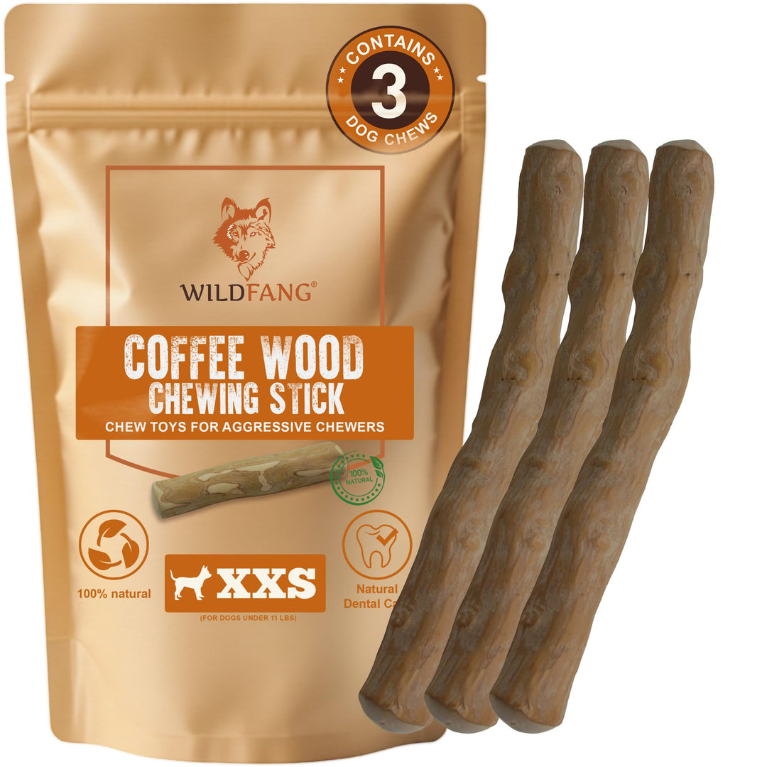 Wildfang® 3 Kaustab Hund aus Kaffeeholz (Grösse XXS) – Kauspielzeug für Welpen &amp; kleine Hunde – Robu