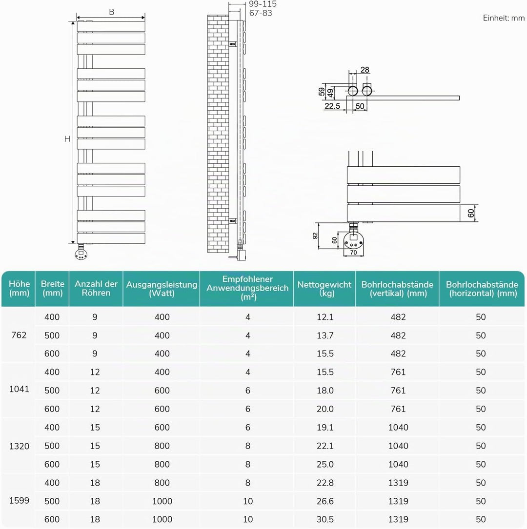EMKE WiFi Badheizkörper Elektrisch 1599x600 mm - Flach Handtuchheizkörper Elektrisch, Elektrischer H