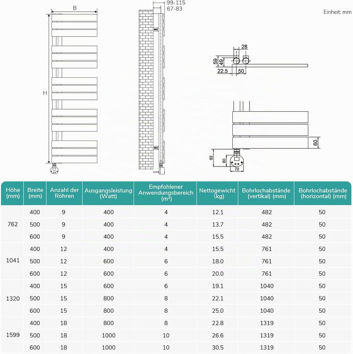 EMKE WiFi Badheizkörper Elektrisch 1599x600 mm - Flach Handtuchheizkörper Elektrisch, Elektrischer H