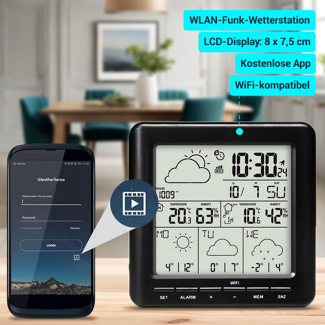 WLAN-Wetterstation mit Aussensensor: 4-Tage-Prognose, App-Zugriff weltweit, Schwarz – Übersichtliche