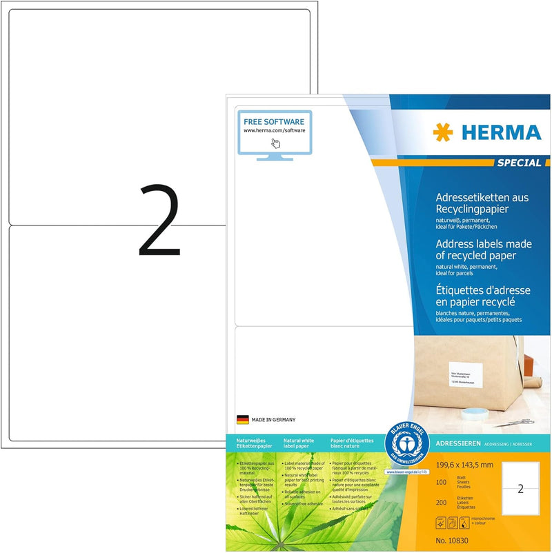 HERMA 10830 Recycling Etiketten, 100 Blatt, 199,6 x 143,5 mm, 2 Stück pro A4 Bogen, 200 Aufkleber, s