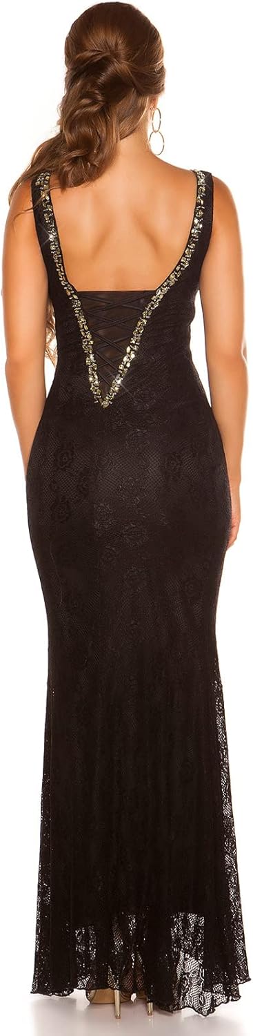 Glamour Strass V-Neck Maxi Silvester Spitzen Kleid S Schwarz, S Schwarz