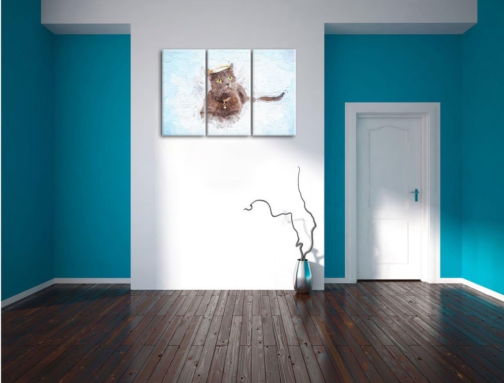 Pixxprint Katzen-Engel im Himmel / 3-Teilig/Gesamtmass 120cm Leinwandbild bespannt auf Holzrahmen/Wa