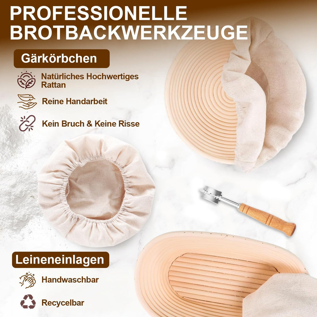 Komplettes Gärkörbchen Sauerteig Starter Set, 2 Gärkorb (25cm Ovale & 23cm Runde), 900ML Sauerteig G
