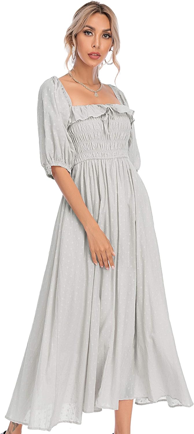 R.Vivimos Damen Polka Dot Slim Fit halbe Hülsenkleider Quadratischer Kragen Langes Midikleid M Grau,