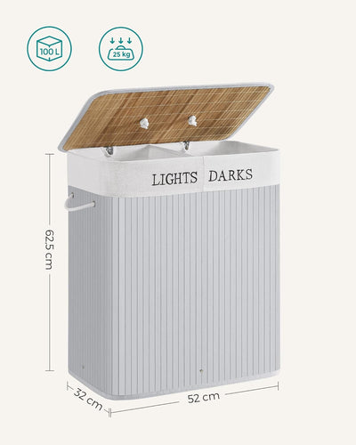 SONGMICS Wäschekorb 2 Fächer, 100 L Wäschesammler mit Deckel, Wäschesortierer Bambus, mit Griffen, f