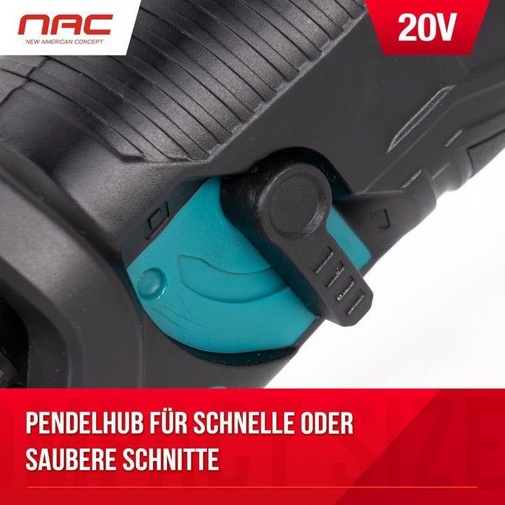 NAC Akku Säbelsäge 20V Li-Lon Akku 2.0Ah mit Ladegerät und 2x Reciprosägeblätter 20mm Nur Gerät, Nur